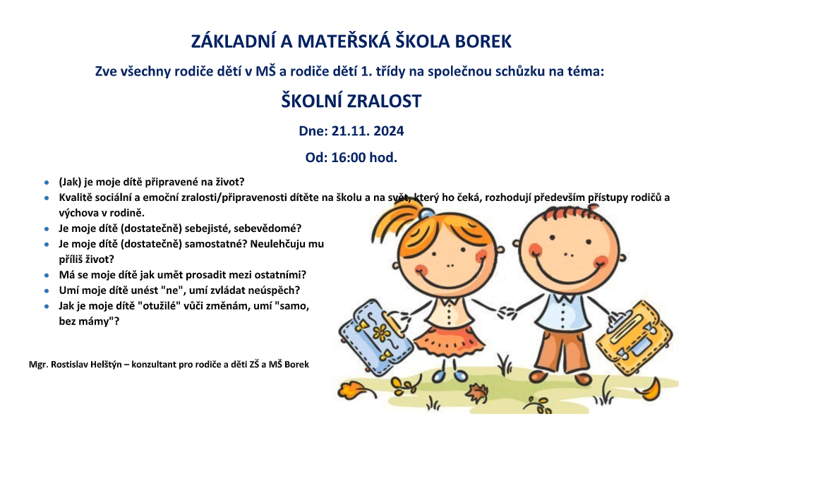Pozvánka pro rodiče - schůzka na téma školní zralost